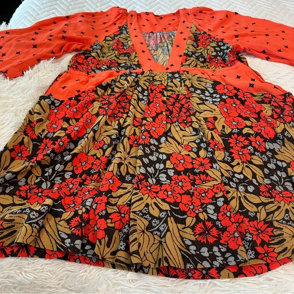 Free People Tallula Poppy Orange Deep-V Mixed Floral Boho Dress Size S - Picture 11 of 16